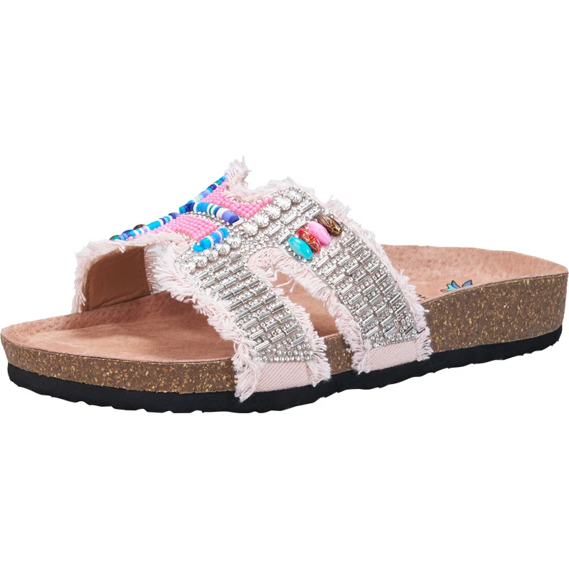 J&M Fashion Vintage Women Slides Mules Blue Black Slippers Rhinestone Sandals Rubber Sole Outdoor Beach Slides Girl Home Shoes