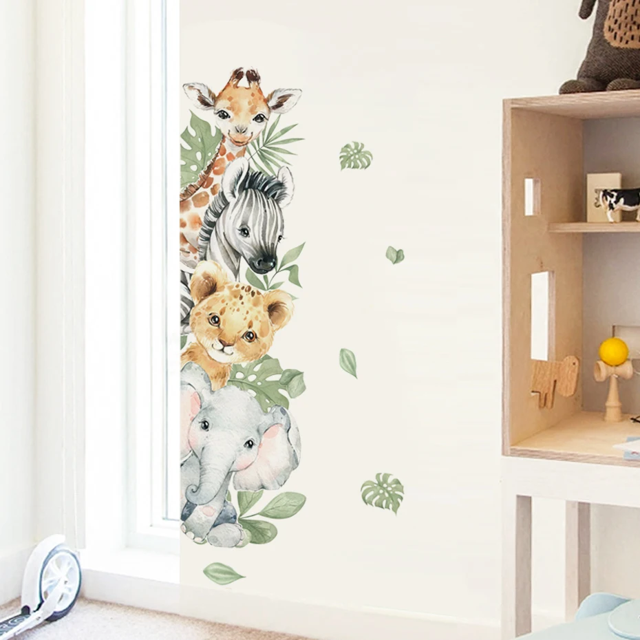 Door Stickers Cute Jungle Animals Elephant Giraffe Watercolor Wall Sticker for Kids Room Baby Nursery Room Decals Home Decor