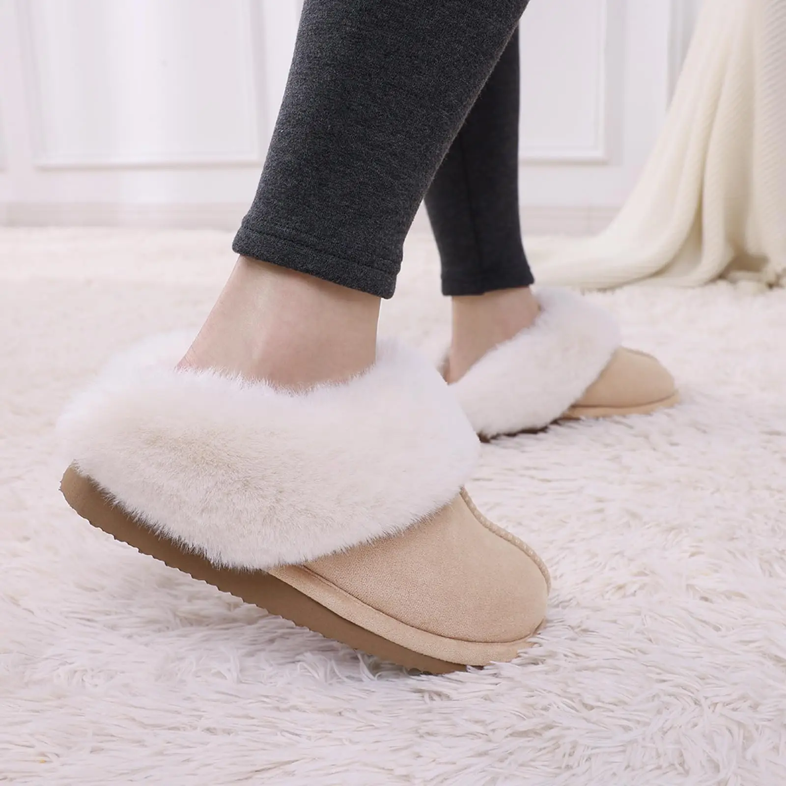 Crestar Fuzzy House Slippers for Women Winter Comfortable Warm Fluffy Memory Foam Suede Slippers with Faux Fur Indoor Outdoor