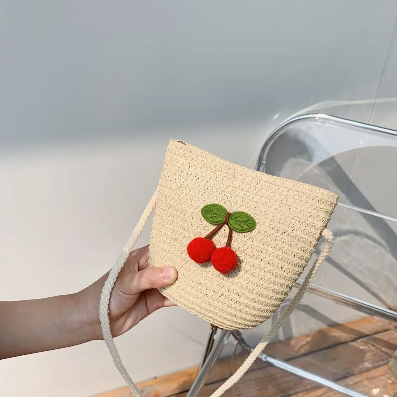 Cute Children's Crossbody Bag Portable Outdoor Travel Basket Weave Soft Handle Bucket Shape Cartoon Cherry Blossom Bag for Girls