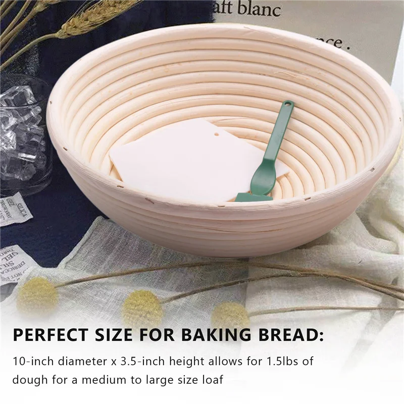 

ABXF-4Pcs 10 Inch Bread Proofing Basket - Banneton Proofing Basket + Cloth Liner + Dough Scraper + Bread Lame