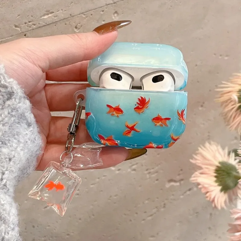 Силиконовый чехол для наушников с рисунком морской синей золотой рыбки для airpods 1, 2, 3, 4 pro 2, защитный чехол, прекрасный кулон с рыбой кои