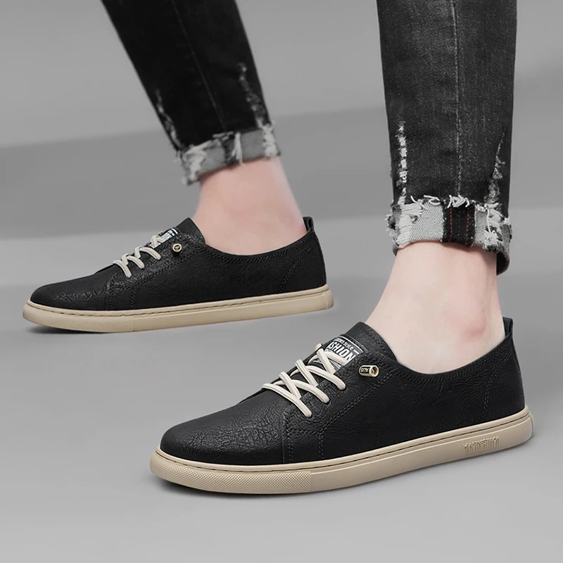 

Classic Black and White Style Men's Genuine Leather Casual Shoes Leather Shoes Men Lace-up Board Shoes Comfort Soft Casual Shoes