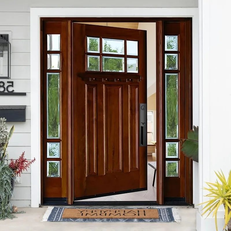باب دخول خشبي على طراز حرفي مع مصابيح جانبية مقاس 12 بوصة، أرجوحة يدوية يسارية مسبقة التشطيب