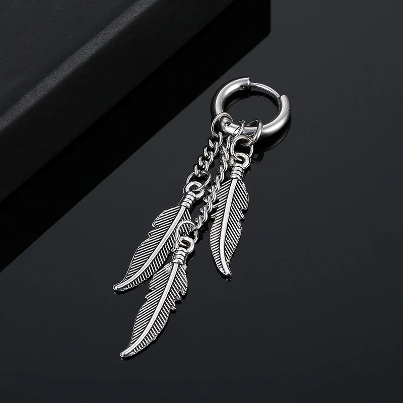 2 Pairs Stainless Steel Feather Chain Tassel Pendant Hoop Earrings for Women Men Street Punk Style Long Dangle Earrings