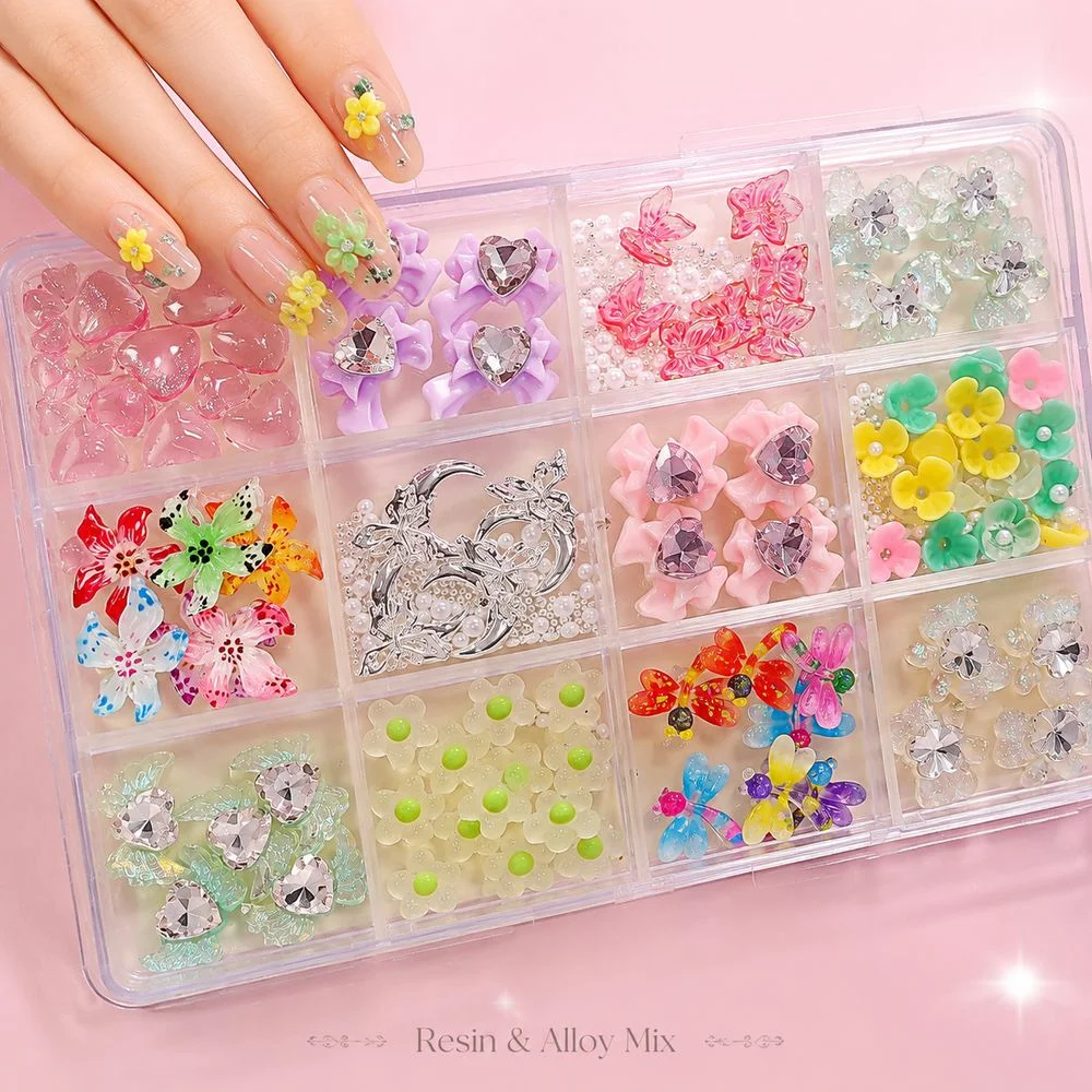 12Grids Pastel Resin & Crystal Nail Charms Butterfly Flower Moon Heart Pattern Trend Kawaii DIY Manicure Charms
