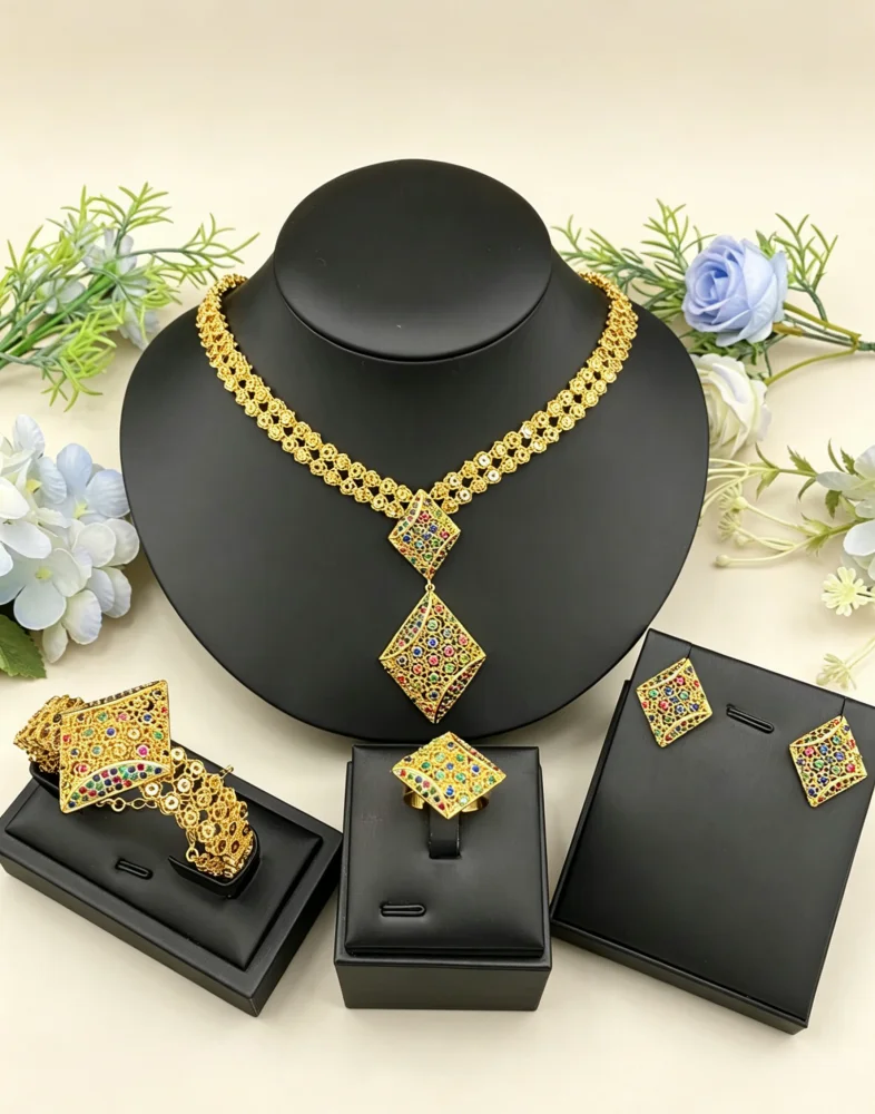 

JRH Minimalist Gold Plated Copper Zircon Jewelry Set for Women Necklace Earrings Bracelet Ring Daily Wear Design
