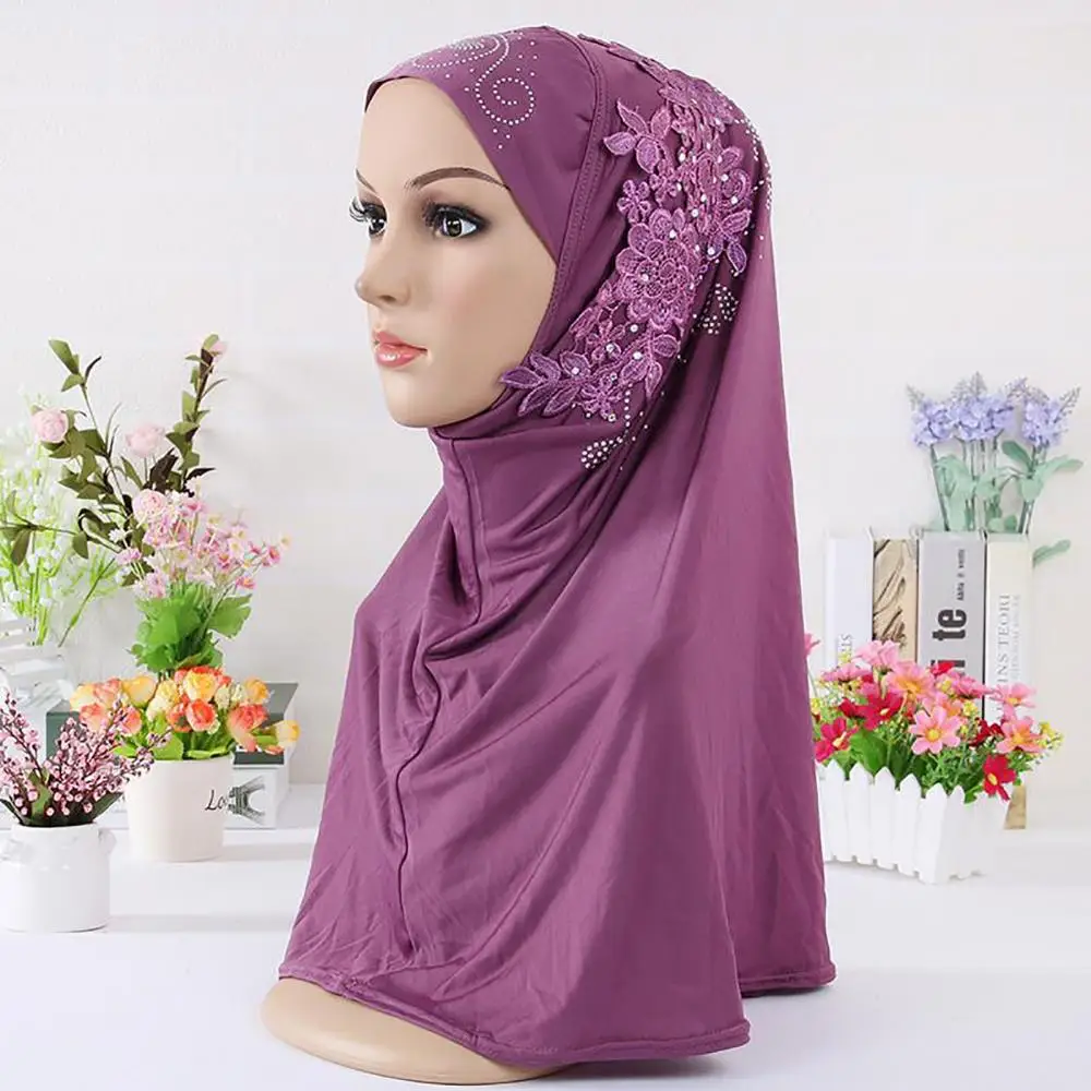 Cap Scarf Solid Color Women Lace Rhinestone Muslim Hijab Wrap Islamic Head Cover