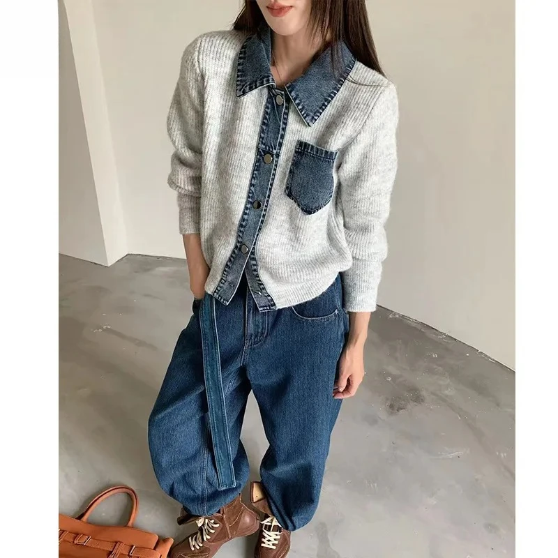 

Women's 2025 Autumn New Arrival Retro Niche Colorblock Notch Collar Knit Cardigan - Two Patch Pockets Oversized Casual Coat