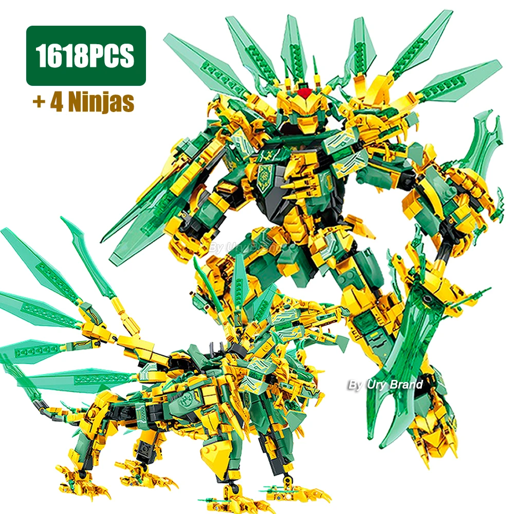 2in1 Ninja Golden Warrior Robot Mech 2 Heads Flying Dragons Set Fighter Figures Building Blocks Toys for Kids Boys Chritmas Gift