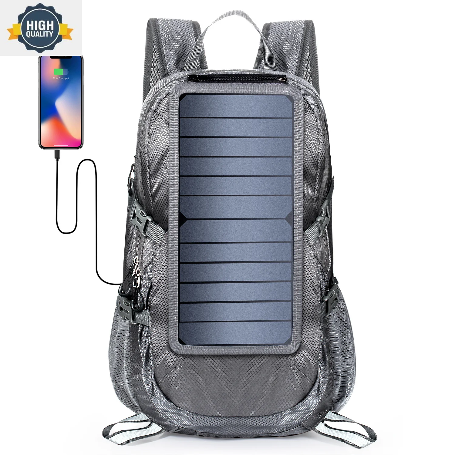 Solar Foldable Backpack Hiking Daypack With 5V Power Supply 6.5W Panel Charge For Cell Phones