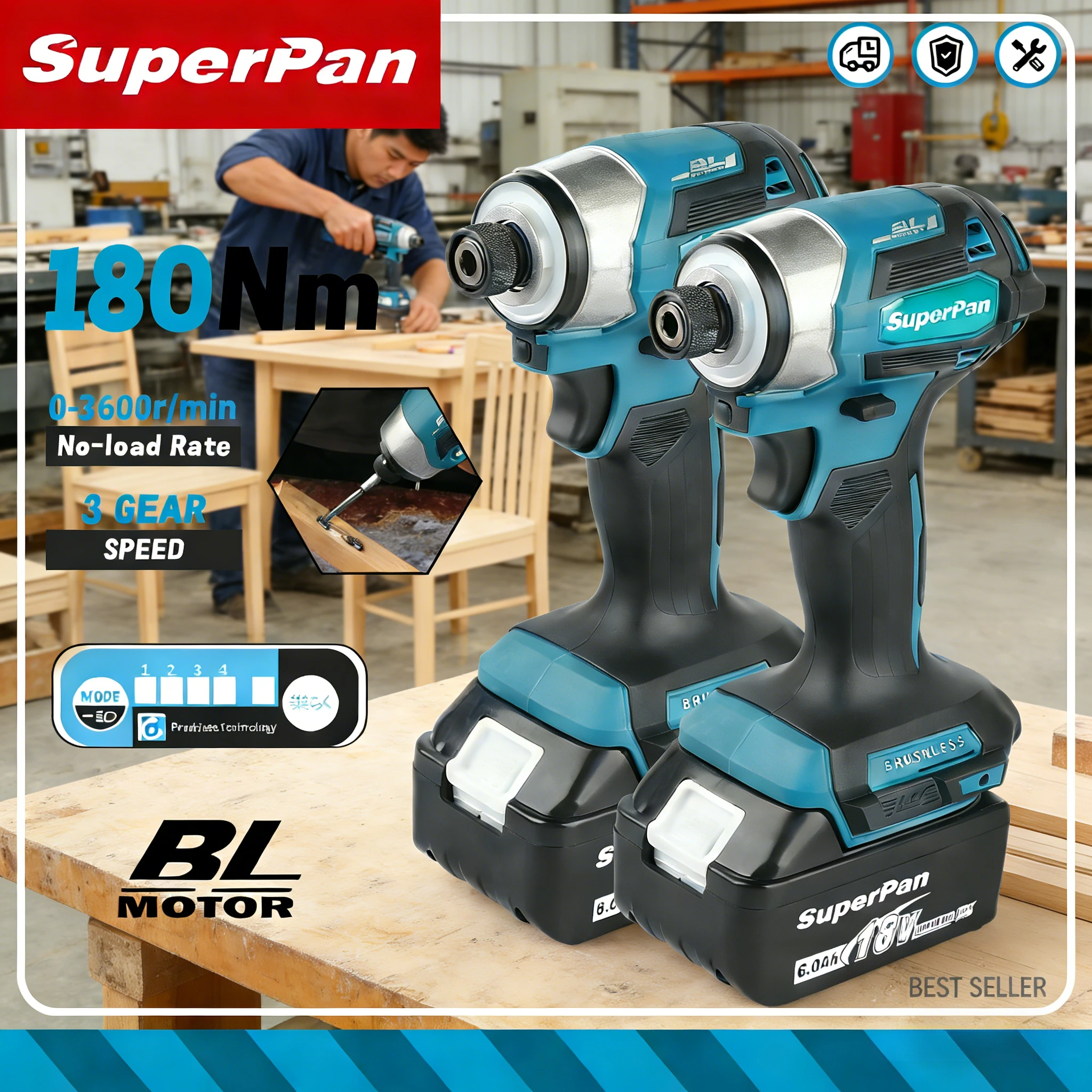 

SuperPan SP173 Brushless Impact Screwdriver cordless screwdriver for Home Use DIY Projects Car Repair for makita 18V battery pin