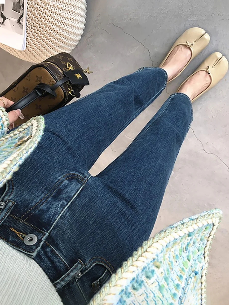 

Джинсы женские с высокой талией, утепленные флисом, прямого кроя, синие, осенне-зимние, больших размеров, для невысоких, укороченные, фасон «сигареты»