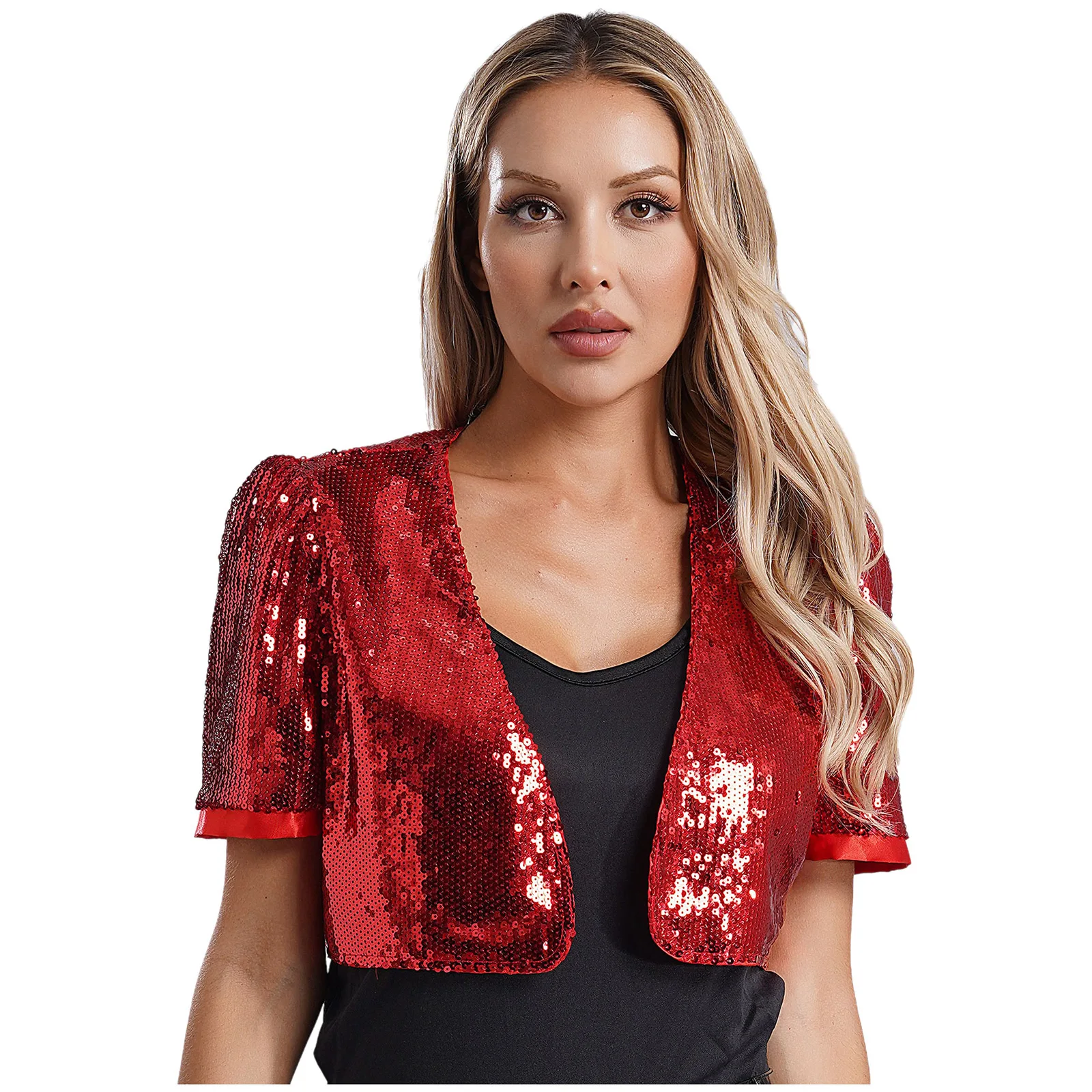 Womens Shiny Sequins Cropped Jacket Bolero Shrug Short Sleeve Open Front Cardigan Crop Outerwear Nightclub Rave Party Clubwear