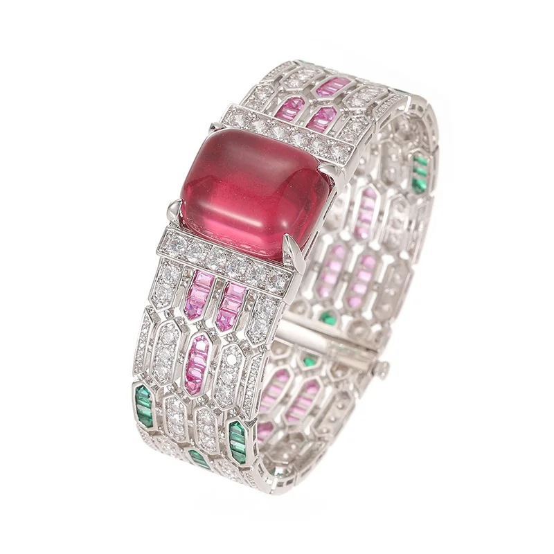 Designer Collection Bracelet Earrings Women Lady Inlay Colored Cubic Zircon Synthetic Ruby Hollow Out Dinner Party Bangle