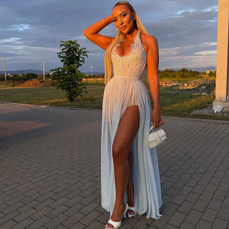 Thinyfull Formal  A-Line Prom Evening Dresses Halter Lace High Split Party Dress Women Chiffon Cocktail Prom Gown Customized