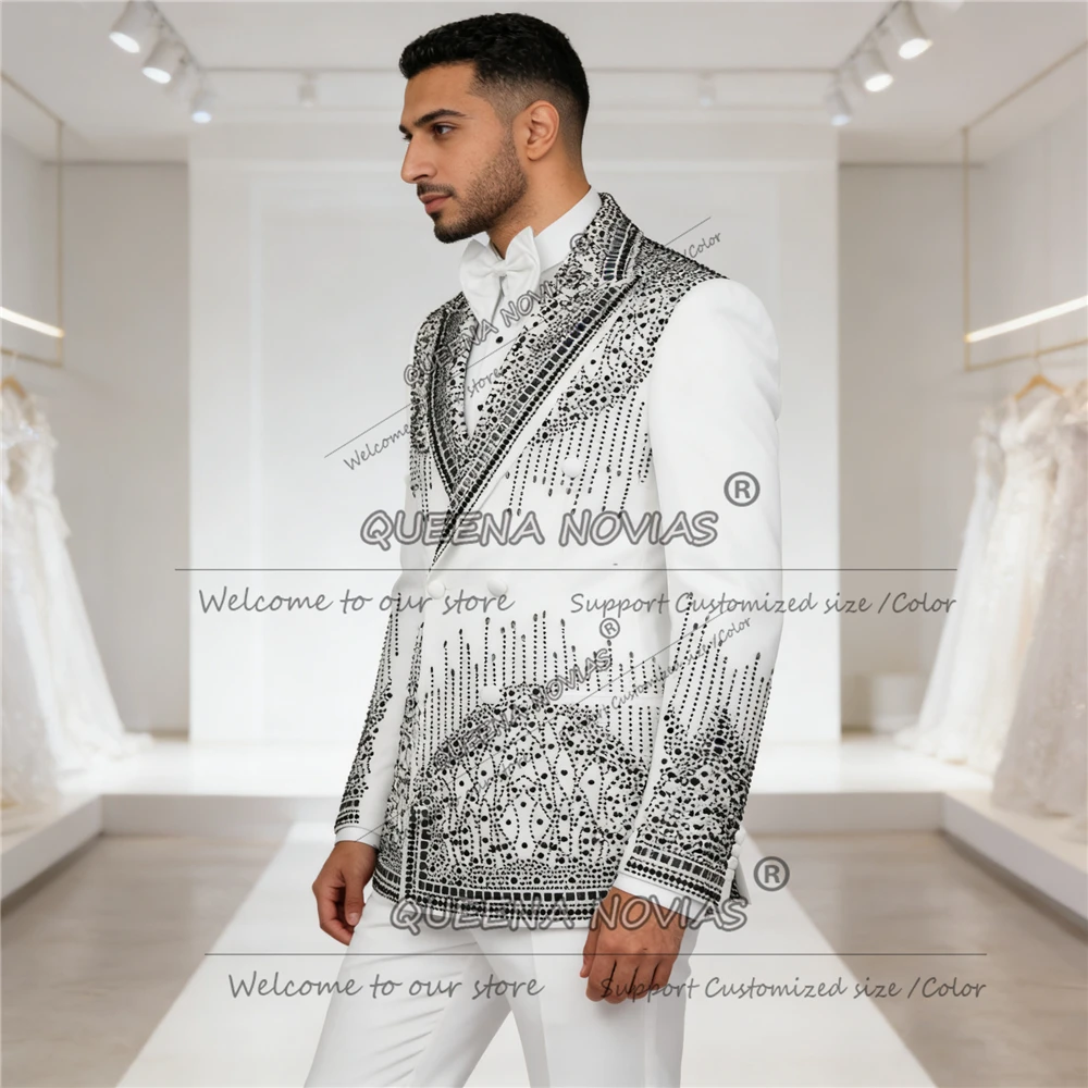 

Exclusive Rhinestones Beaded Suit Men Plus Size Doubel Breasted Jacket Pants 2 Pieces Sets Groom Wedding Tuxedos Dinner Banquet
