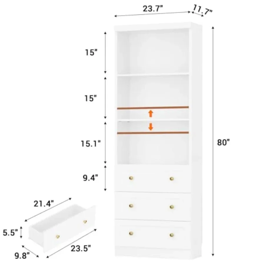 Bookshelf for Living Room Use, Engineered Wood in Walnut Finish, Space-saving Design with 3 Drawers and Baseboard Cutout, Set O