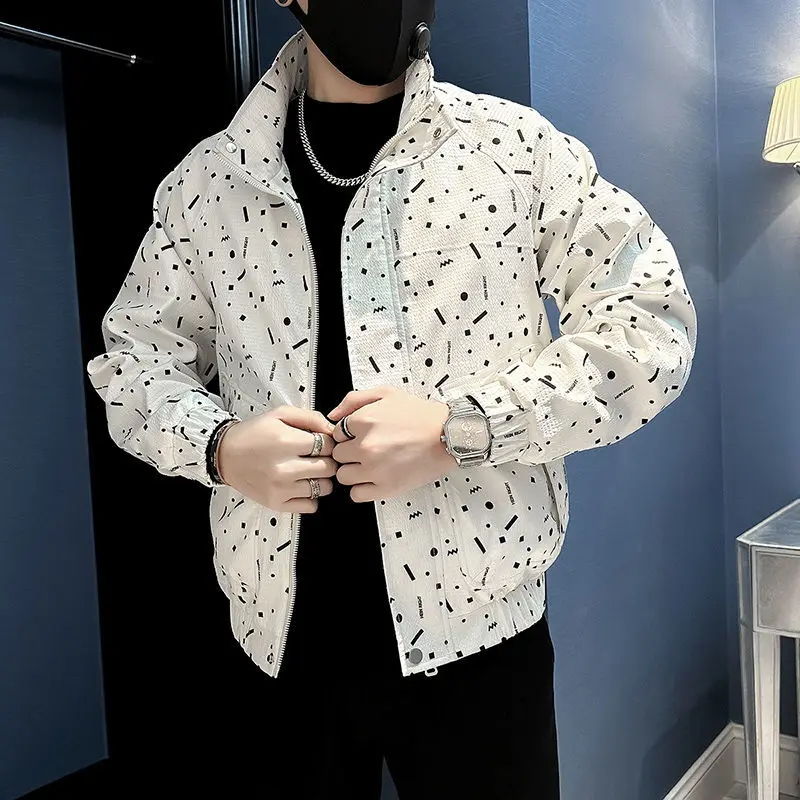 Autumn Winter Stand Collar Printing Long Sleeve Jackets Men's Clothing Simplicity Coats Trend Casual Loose Pocket Tops XJ16