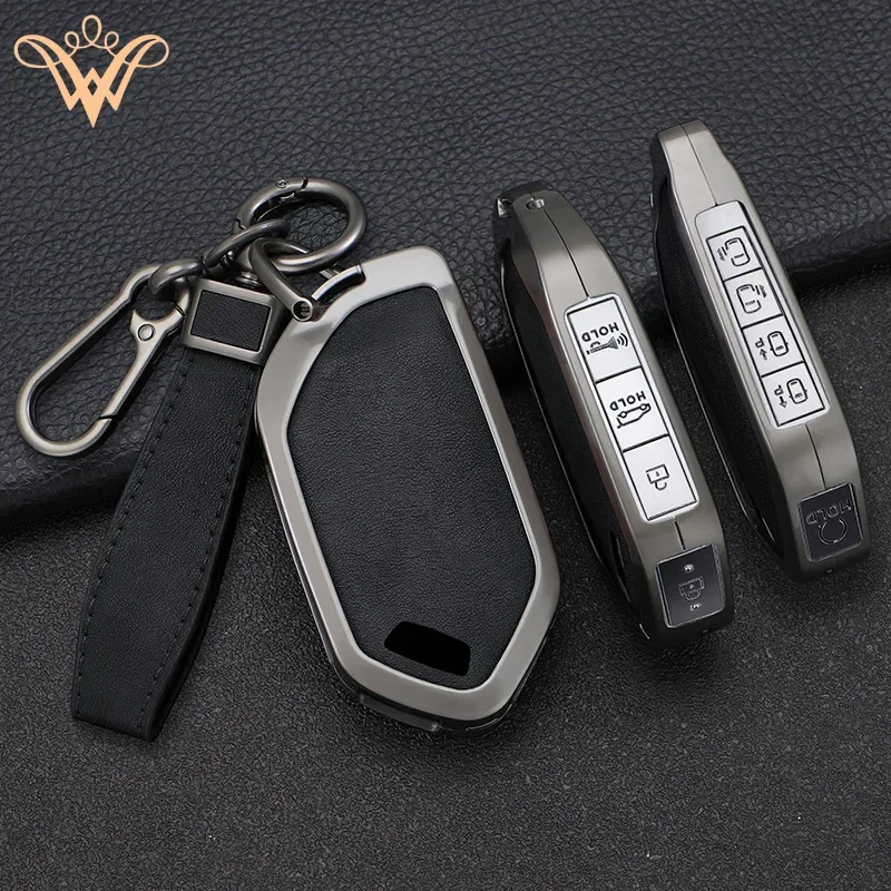 

Zinc Alloy + Leather Car Key Case Cover For 2024 Kia EV9 Picanto Carnival Seltos K5 KA4 Sorento Morning 5 6 7 8 9 Bottons Remote