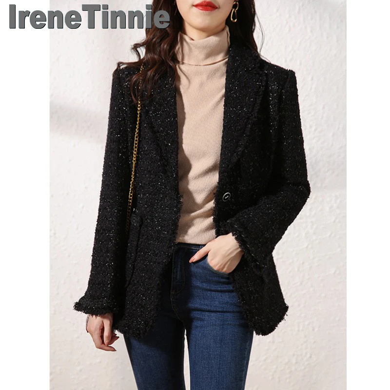 IRENE TINNIE Small Fragrant Tweed Black Jacket Top Women Vintage Woolen Short Coat Streetwear Elegant Casual Lapel Slim Outwear