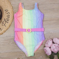 Rainbow Print Children Girl Swimwear Swimsuit 2023 Belt Deco Child Girls Kids One Piece Swimwear Summer Beach Baby Monokini