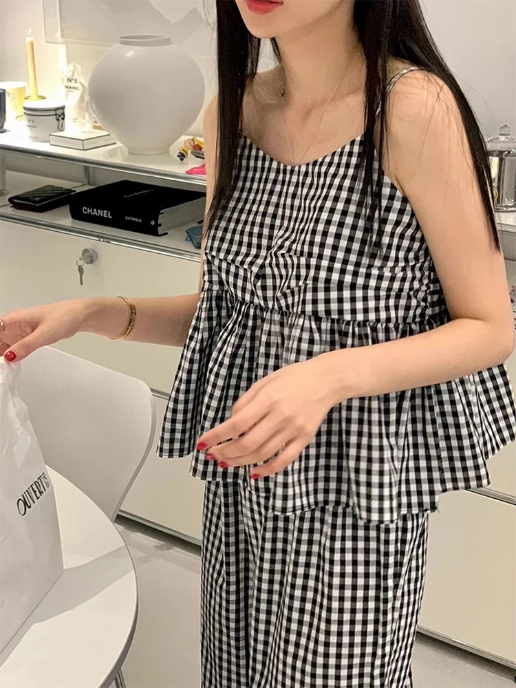 

Retro Cheered Strap Vest High Waist Wide Leg Casual Pants Two Piece Set Women's Faion Summer New Arrival Cotton Blend