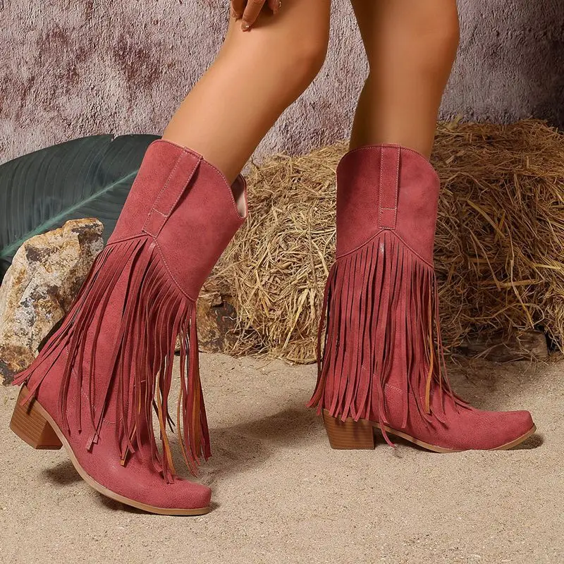 

SIMLOVEYO женские ботинки с бахромой, ботильоны до середины икры, туфли на блочном каблуке 5,5 см, женские слипоны с кисточками, размер 47 48, модные женские туфли