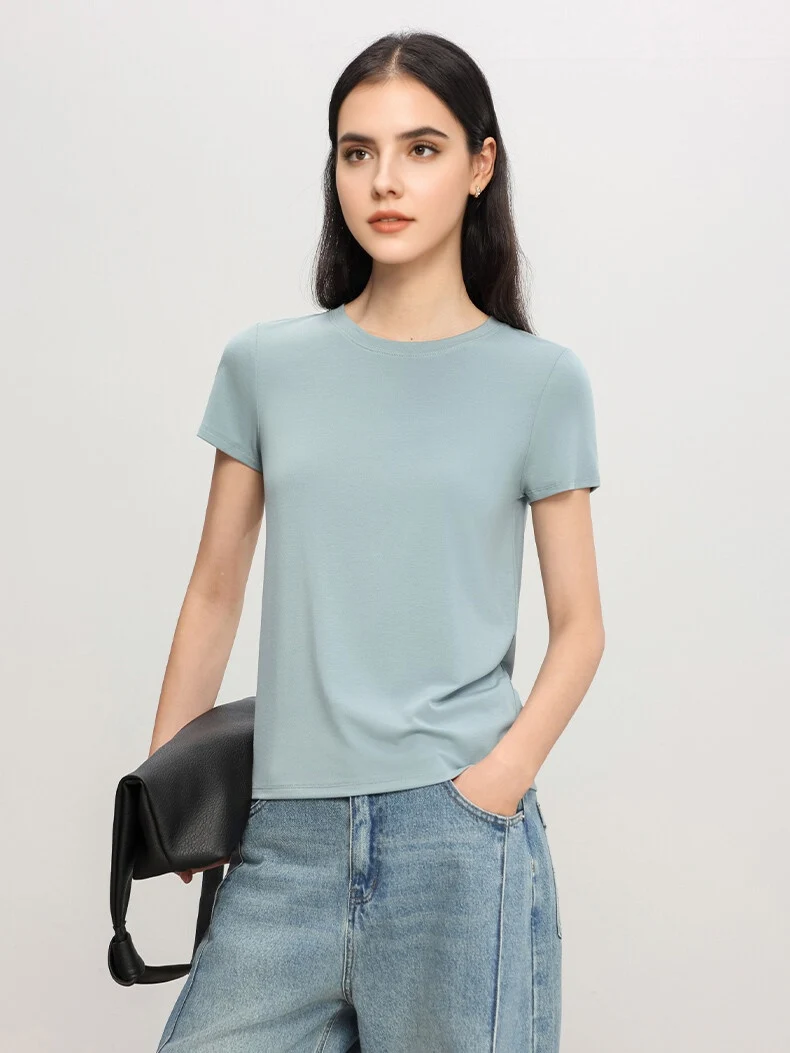 SuyaDream, Women Solid T Shirts, Silk Viscose Blend, Plain O neck, Short Sleeved Tee 2025 Spring Autumn Basic Top, Grey, White