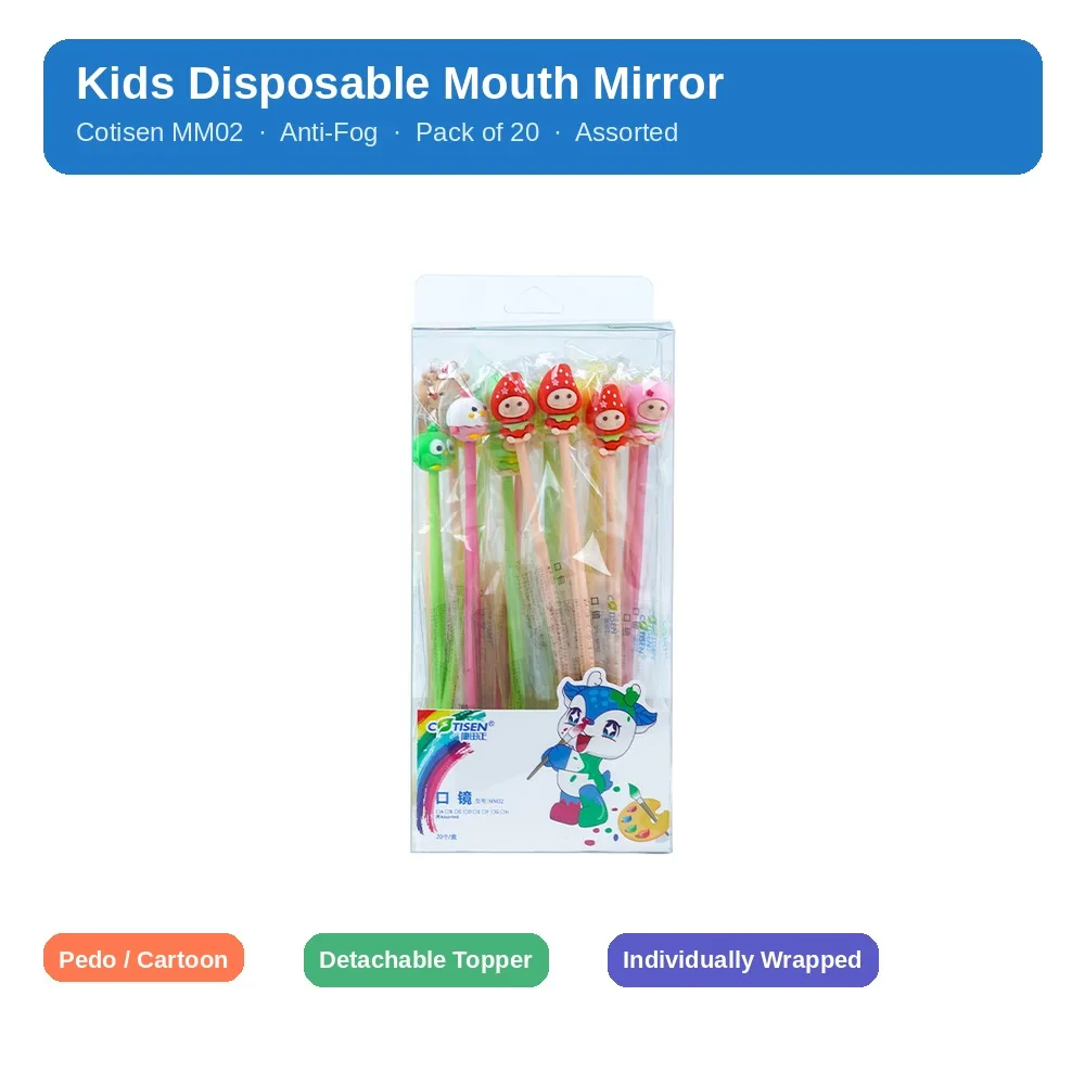 Disposable Kids Mouth Mirror Pack 20 Cotisen Pedo Cartoon Anti Fog Dental Exam Assorted MM02 Detachable Topper