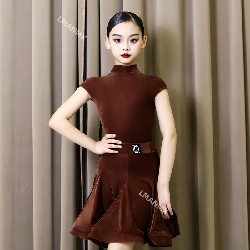 Vestido de dança latina para meninas 2025 novo uniforme profissional infantil de veludo