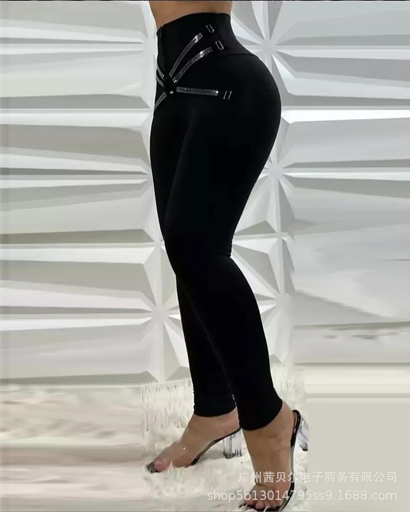 

2026 Spring/summer New Item In Stock Women's Fashion Tie Black Slim Fit Pants