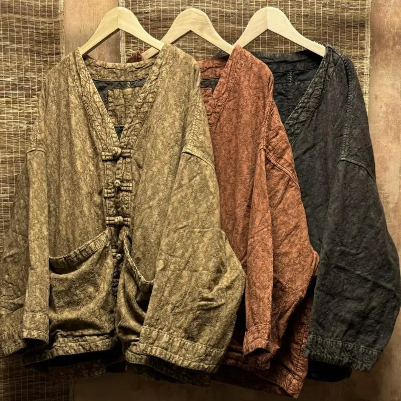 

Autumn Arts Style Women Batwing Sleeve V-neck Big Pocket Loose Jackets Vintage Single Breasted Cotton Linen Coat High Quality