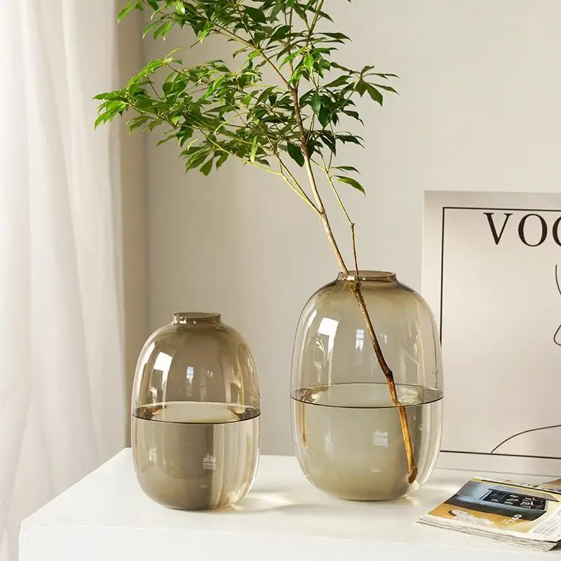 Smoky Gray Minimalist Glass Vase Oval Hydroponic Flower Plant Container For Home Living Room Tabletop Decor