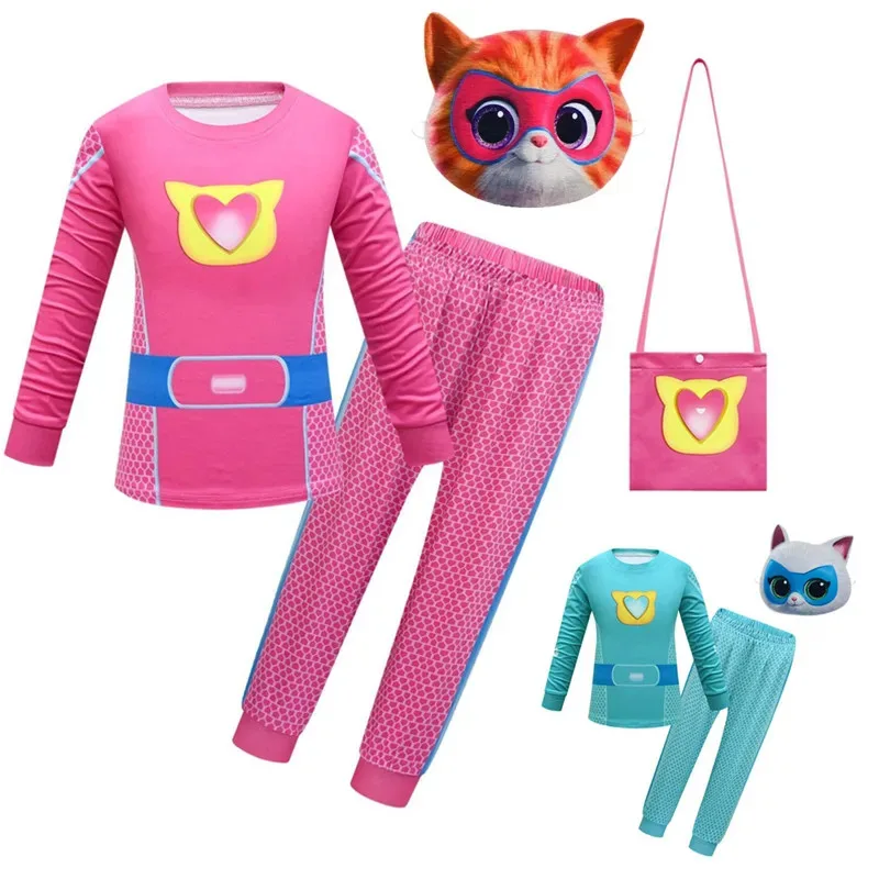 

Halloween Girls Boys S-SuperKitties Cosplay Costume Super-Kitties 3D Clothes Sweatshirt Mask Set Kids Carnival Birthday Gifts