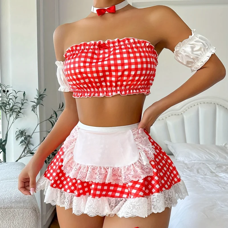 

Sexy Sexy Red Plaid Skirt Pornographic Lingerie Set Cosplay Costume Woman Push Up Pajama Nun Maid Uniform Lingerie