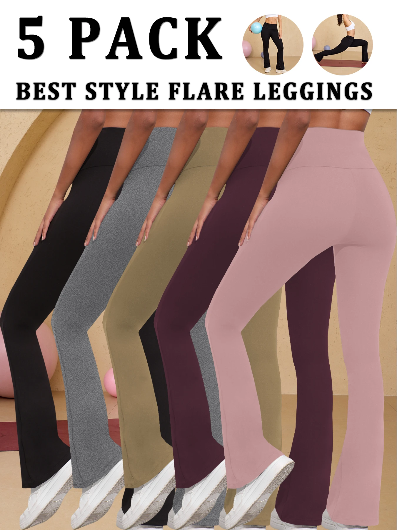 

5 Pack Women's Super Soft Flare Pants High Waisted Tummy Control Workout Yoga Push Up Gym Fitness Leggings Bell Bottoms