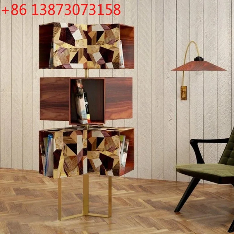 Estantería giratoria de madera maciza para el hogar, librería de alta gama para villas, diseño creativo para almacenamiento.