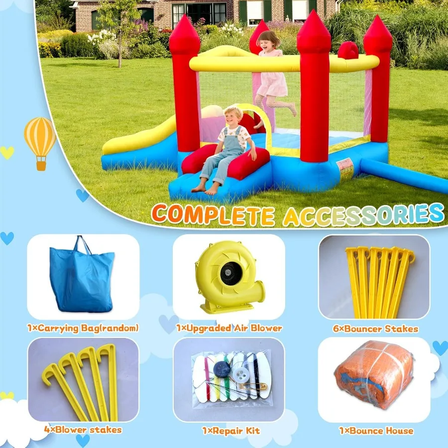 Dwu-komorowy dmuchany zamek do skakania z dmuchawą 5w1, do użytku wewnątrz i na zewnątrz, z koszykiem do koszykówki.