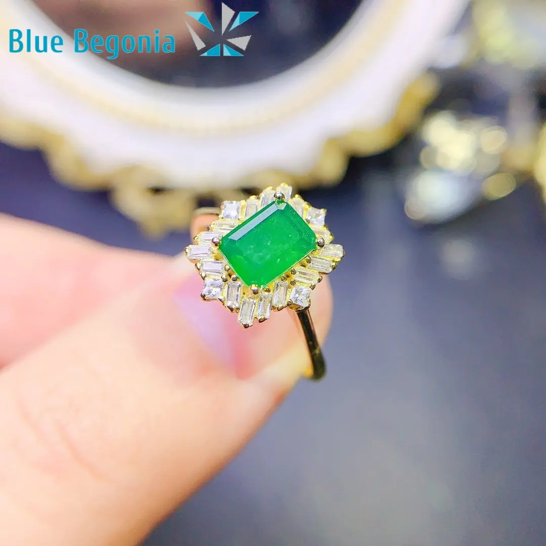 Lab Emerald Ring Fine Jewelry for Women Anniversary Gift 925 Sterling Silver 5*7mm Gemstone