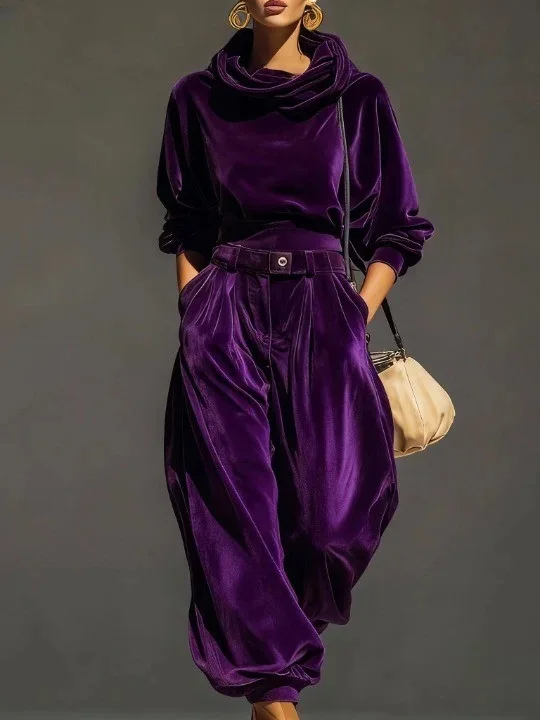Loose Fashion Velvet Hoodie Trousers Two Piece Set For Women's Autumn Winter New Style Retro Simple Harem Pants Suit Female