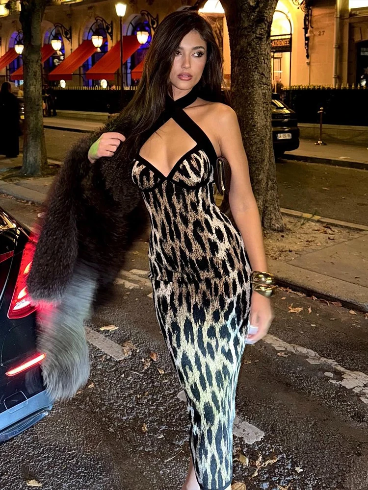 Whatiwear Patchwork Maxi Dress Donna Stampa leopardata Collo basso Cross Halter Sexy Midnight Hottie Classic Street Prom Party Abiti