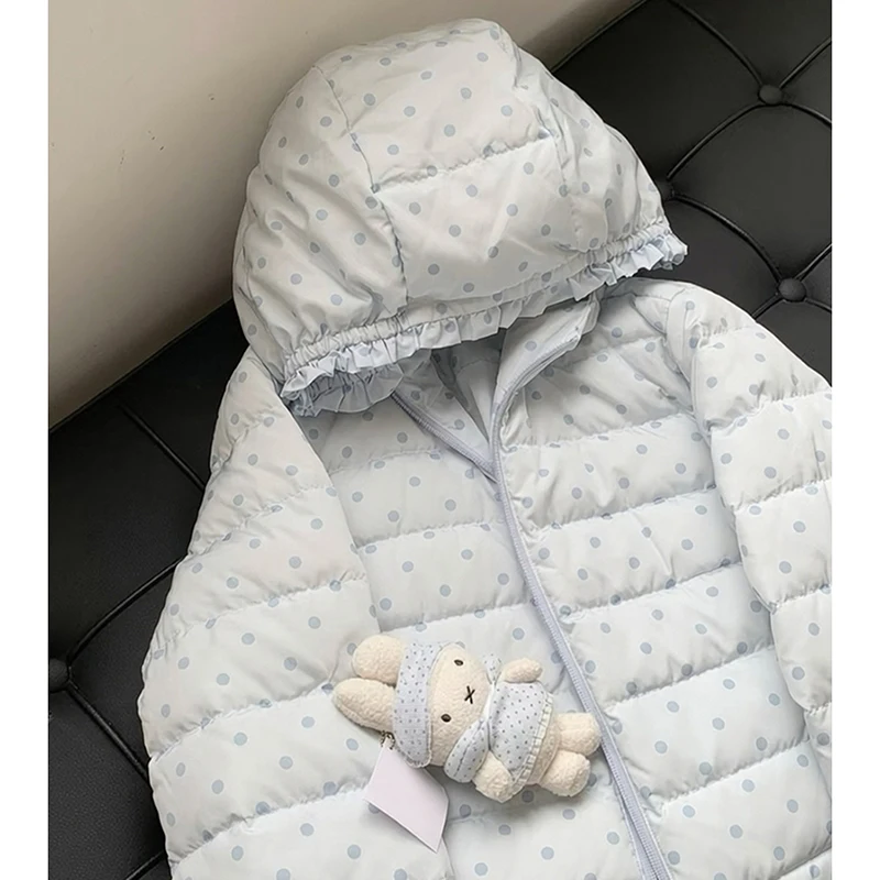 Women Sweet Polka Dot Jacket Hooded Puffer Thick Warm Cropped Coat Zip Casual Campus Fashion Padded Outerwear Winter Trendy Coat