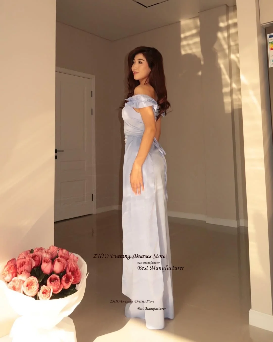 ZHIO новый дизайн атласное вечернее платье со складками трапециевидной формы без бретелек вечернее платье с открытыми плечами и кружевной спинкой платье для выпускного вечера по индивидуальному заказу
