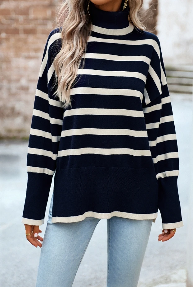 Korean Lazy Style Striped Knitted High Neck Sweater Casual Temperament Loose Comfortable Pullover Women\'s Casual Loose Sweater