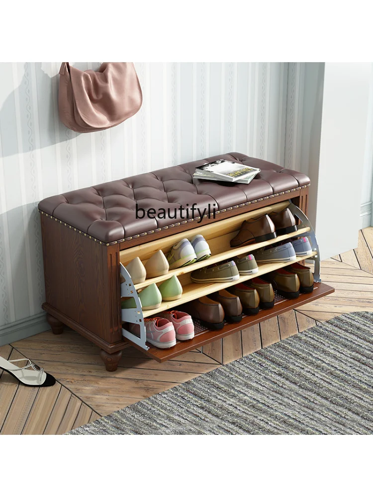 American-Style Solid Wood Leather Door Shoe Changing Stool Sitting Shoe Cabinet Storage Stool European-Style Footstool stool