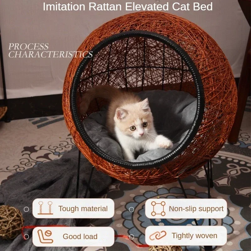 Imagem -02 - Mão-woven Imitação Rattan Cat Bed Confortável Ninho Elevado Cama do Sono com Tapete de Pelúcia Gatinho Casa Condo Cat Basket Bed