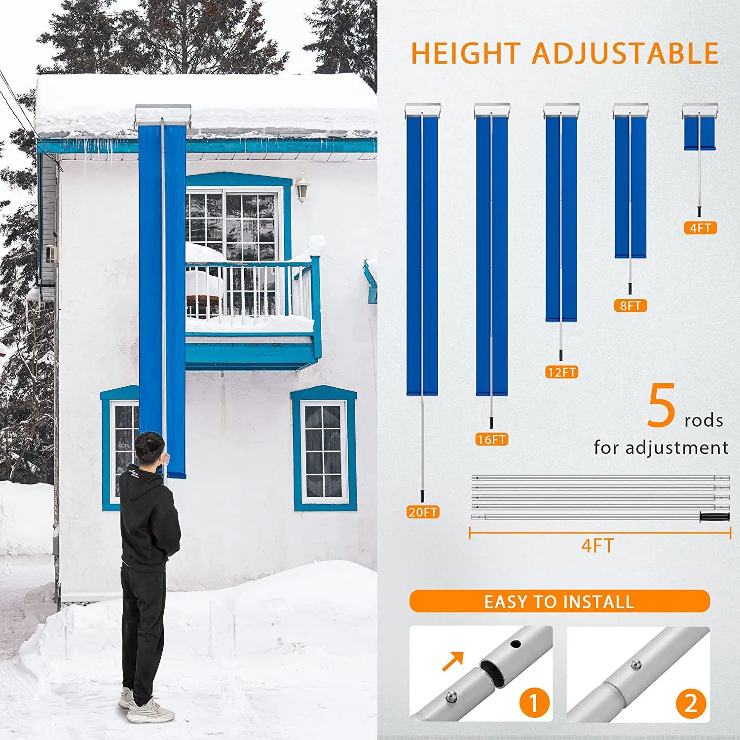 Aluminum Tube Snow Rake 20-Foot Oxford Cloth Roof Snow Scraper Durable and Removable