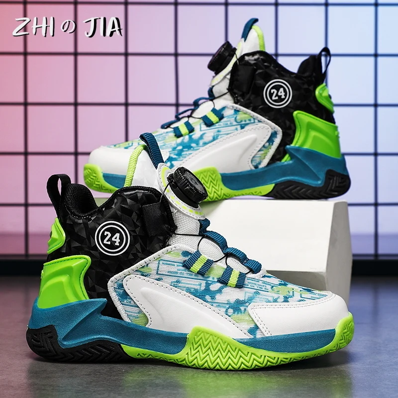 Children's Autumn New Rotary Buckle Mesh Breathable Basketball Shoes Boys Fashion Trend Sneaker Anti Slip Running Footwear 31-40