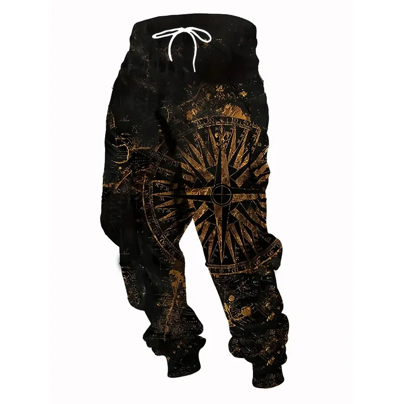 

Golden Retro Compass & Map Texture Street Pants Men's Side Pockets Elastic Drawstring Sweatpants Joggers Pants Casual Trousers